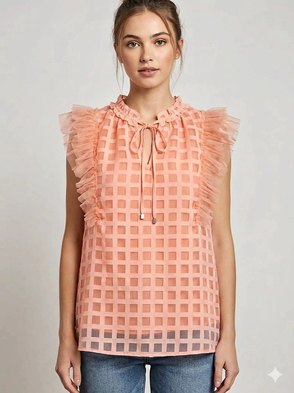 Entro Coral Pink Gridded Organza Ruffle Sleeveless Blouse Top Large NEW